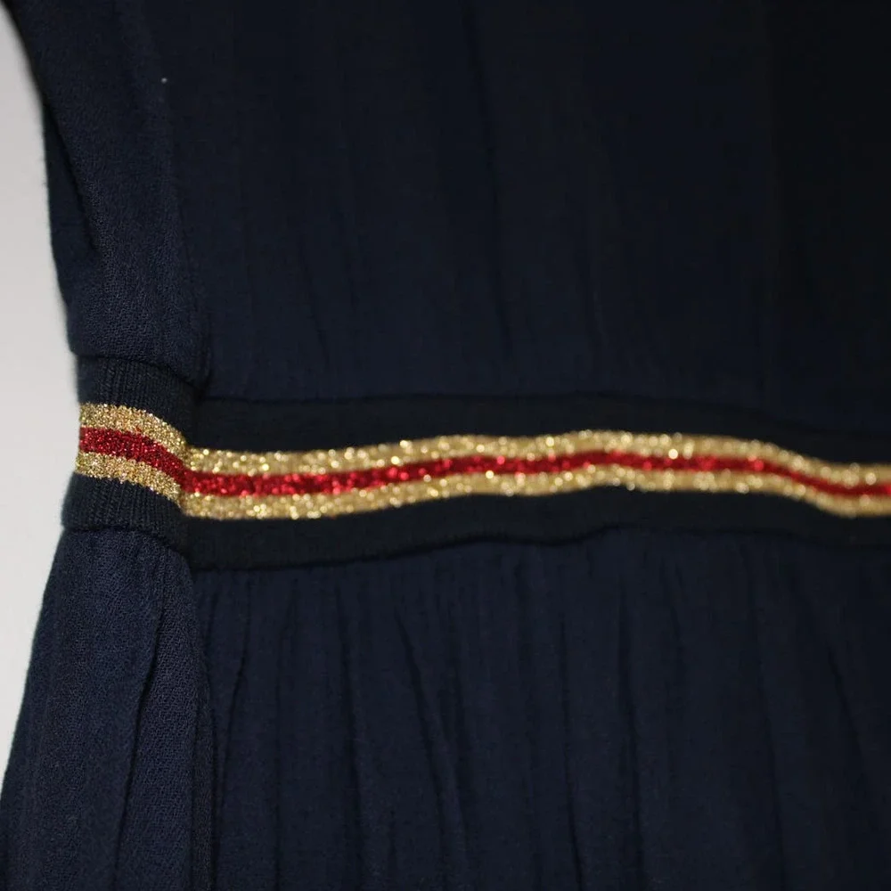 NWT Bonpoint Girl's Julie Dress Long Sleeve Navy Wool Viscose Red Gold Stripe 12
